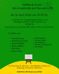 Ein Plakat für eine Veranstaltung namens "Kaffee & Kunst" am 12. April 2026. Es zeigt eine Liste von Künstlern und lädt die Besucher ein, eine Welt voller Farben und Inspiration zu erleben.
