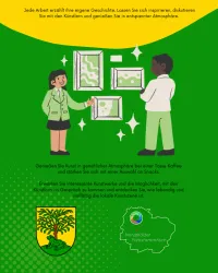 Eine bunte Grafik mit Personen, die Kunstwerke an einem Ausstellungsstand betrachten. Der Hintergrund ist grün und spricht eine einladende Atmosphäre aus.