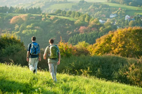 Wandern auf dem Pfälzer Höhenweg mit Blick auf Obermoschel