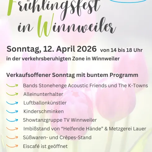 Das Bild zeigt ein Plakat für das Frühlingsfest in Winnweiler. Es enthält Informationen zu Veranstaltungen, Datum und Uhrzeit des Festes am 12. April 2026.