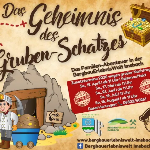 Ein farbenfrohes Plakat für das Familienabenteuer "Das Geheimnis des Gruben-Schatzes". Es zeigt einen Minenarbeiter vor einem Wettlauf mit einer Schatztruhe und enthält wichtige Informationen zu Terminen und Reservierungen.