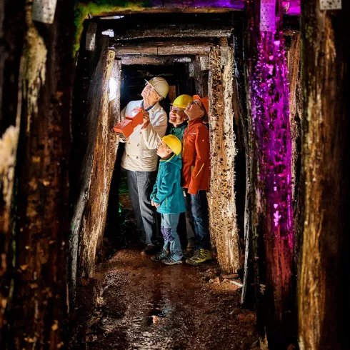 Eine Gruppe von Menschen erkundet einen dunklen Stollen mit Holzstützen. Sie tragen Helme und halten Taschenlampen, während farbige Lichter den Tunnel beleuchten.