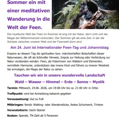 Eine Einladung zu einer meditativen Wanderung in die Welt der Feen. Das Event findet am 24. Juni statt und verbindet Naturerfahrung mit mystischen Elementen.