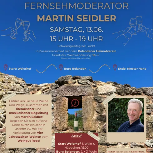 Ein Veranstaltungsplakat für eine Weinwanderung mit Martin Seidler. Die Tour findet am Samstag, den 13.06., von 15 bis 19 Uhr statt und beinhaltet Weinverkostungen an verschiedenen Stationen.