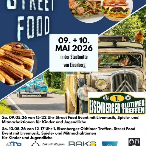 Ein Werbeplakat für ein Street Food Event in Eisenberg am 09. und 10. Mai 2026. Es zeigt Food-Trucks, leckeres Essen und Aktivitäten für Kinder und Jugendliche.