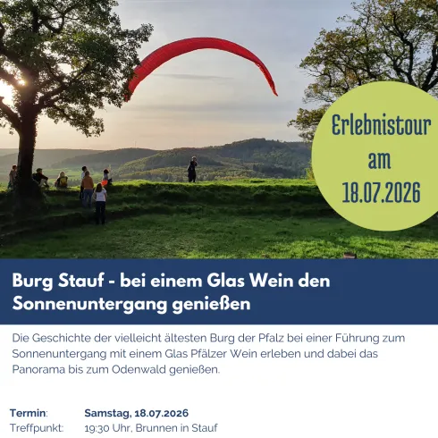 Ein Flyer für eine Erlebnis-Tour zur Burg Stauf mit einem roten Gleitschirmflieger im Hintergrund. Der Text beschreibt eine Veranstaltung mit Wein und einer Führung zum Sonnenuntergang.