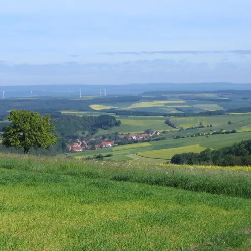Eine grüne Landschaft mit sanften Hügeln und einem kleinen Dorf im Tal. Im Hintergrund sind Windkraftanlagen sichtbar und der Himmel ist leicht bewölkt.