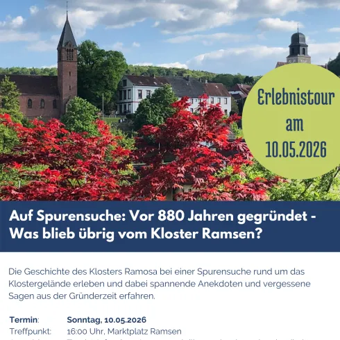 Ein informatives Plakat für eine Erlebnis-Tour zum Kloster Ramsen. Es gibt Details zu Datum, Treffpunkt und Anmeldemöglichkeiten.