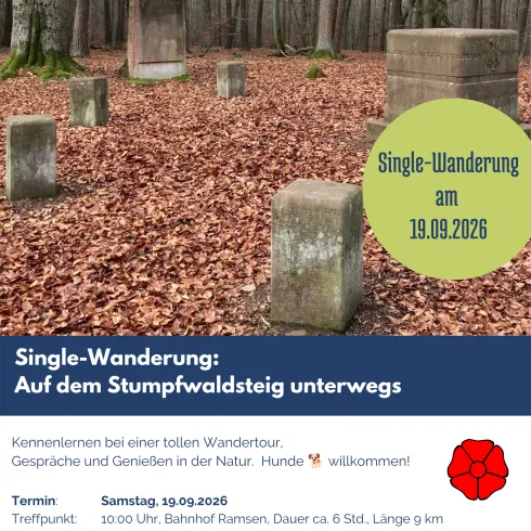 Ein Wanderweg durch den Stumpfwald, umgeben von Bäumen und Laub. Eine Einladung zu einer Single-Wanderung am 19.09.2026.