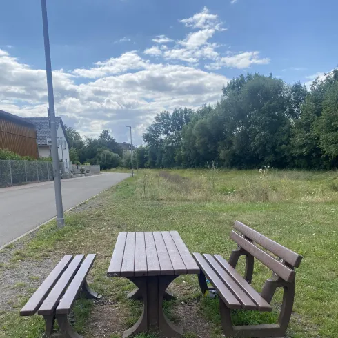 Ein Holzpicknicktisch mit Bänken steht auf einer Wiese neben einem Weg. Im Hintergrund sind Bäume und ein blauer Himmel zu sehen.