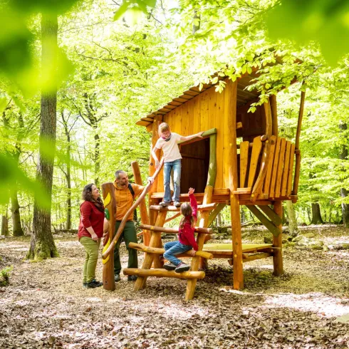 Eine Familie spielt um ein Baumhaus im Wald. Die Umgebung ist grün und sonnig, ideal für Aktivitäten im Freien.