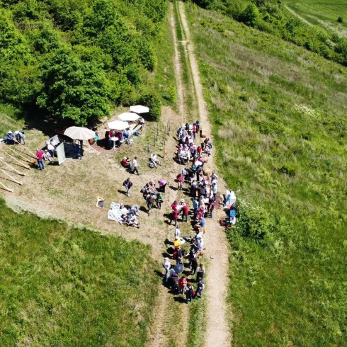 Eine Gruppe von Menschen sitzt auf einer Wiese und genießt die Natur. Im Hintergrund sind Bäume und ein Weg sichtbar.