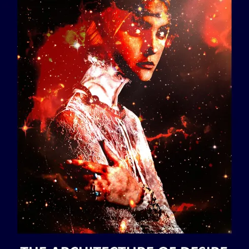 Ein künstlerisches Buchcover mit dem Titel „THE ARCHITECTURE OF DESIRE“ von Doro Hofmann. Es zeigt eine interessante Figur vor einem farbenfrohen, galaktischen Hintergrund.