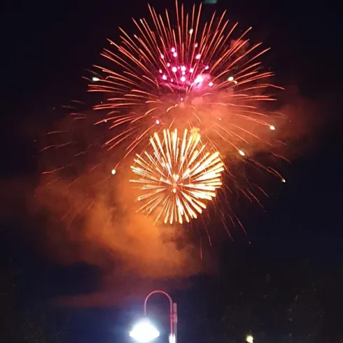 Ein farbenfrohes Feuerwerk erleuchtet den Nachthimmel. Strahlende Lichter und bunten Funken schaffen eine festliche Atmosphäre.