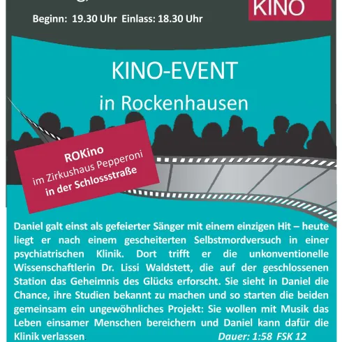 Ein Plakat für ein Kino-Event in Rockenhausen mit dem Titel "ROKino". Das Event findet am 27.03.2026 im Zirkushaus Pepperoni statt.