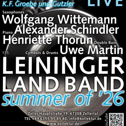 Ein Plakat für ein Jazzkonzert mit verschiedenen Musikern und Bands. Es findet am 31. Juli 2026 im Gasthaus Kollektur in Zellertal statt.