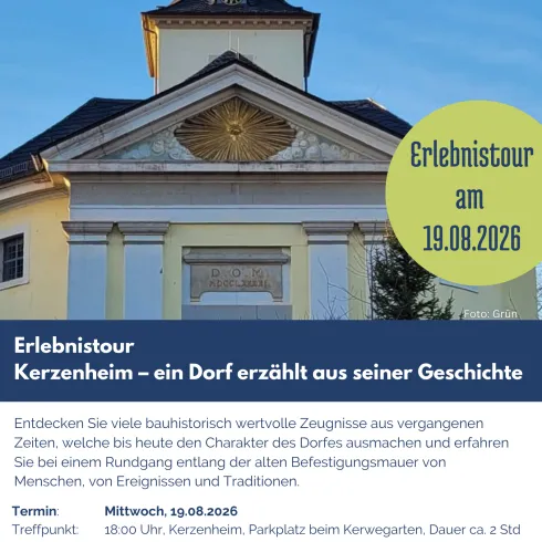 Eine informative Einladung zur Erlebnis-Tour in Kerzenheim. Das Bild zeigt eine historische Dorfkapelle und lädt zur Entdeckung der lokalen Geschichte ein.