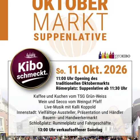 Ein Plakat für den Oktober Markt "Kibo schmeckt". Es informiert über das Event mit verschiedenen Angeboten und Zeiten.