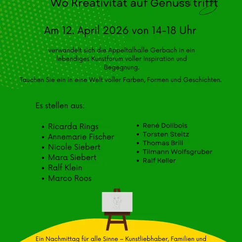 Ein Plakat für eine Veranstaltung namens "Kaffee & Kunst" am 12. April 2026. Es zeigt eine Liste von Künstlern und lädt die Besucher ein, eine Welt voller Farben und Inspiration zu erleben.