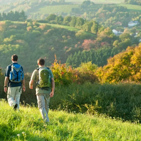 Wandern auf dem Pfälzer Höhenweg mit Blick auf Obermoschel